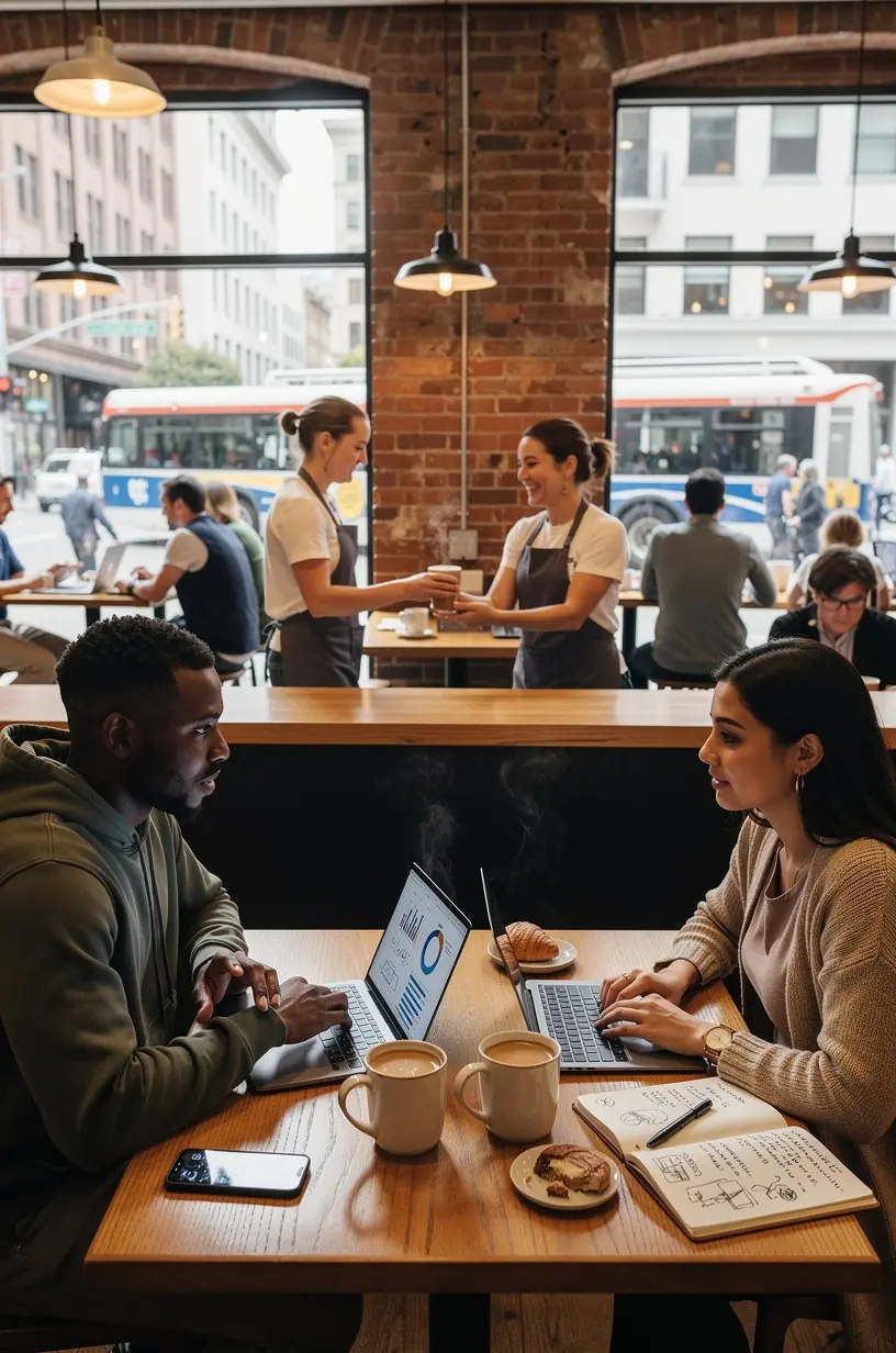 Illustration of a professional analyzing workflow automation on a digital dashboard.