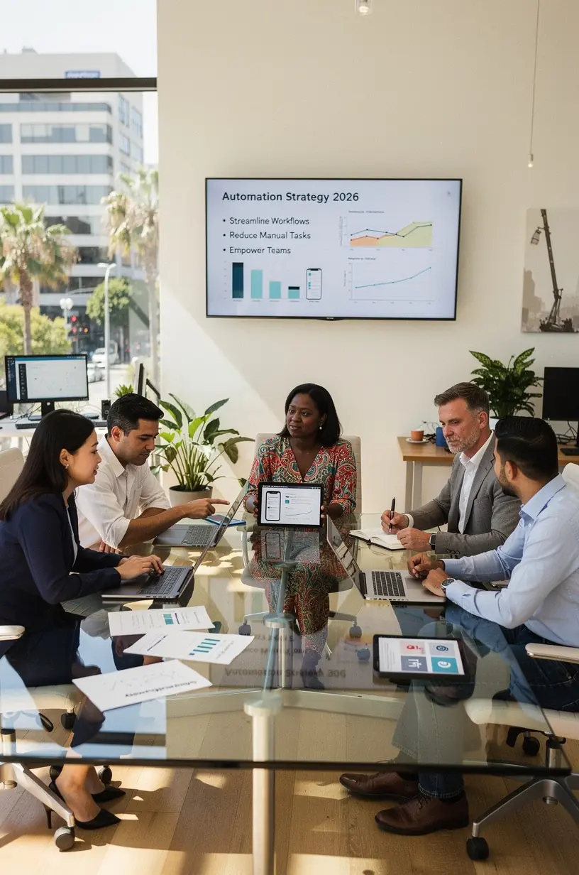 Image of a person using a tablet to control smart home and office automation systems.